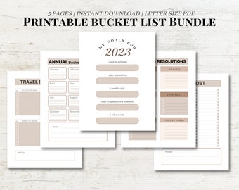 2023 Printable Bucket List Bundle | Buck Checklist | 2023 Goals | New Year's Resolution | Travel Bucket List | Instant Download | Printable