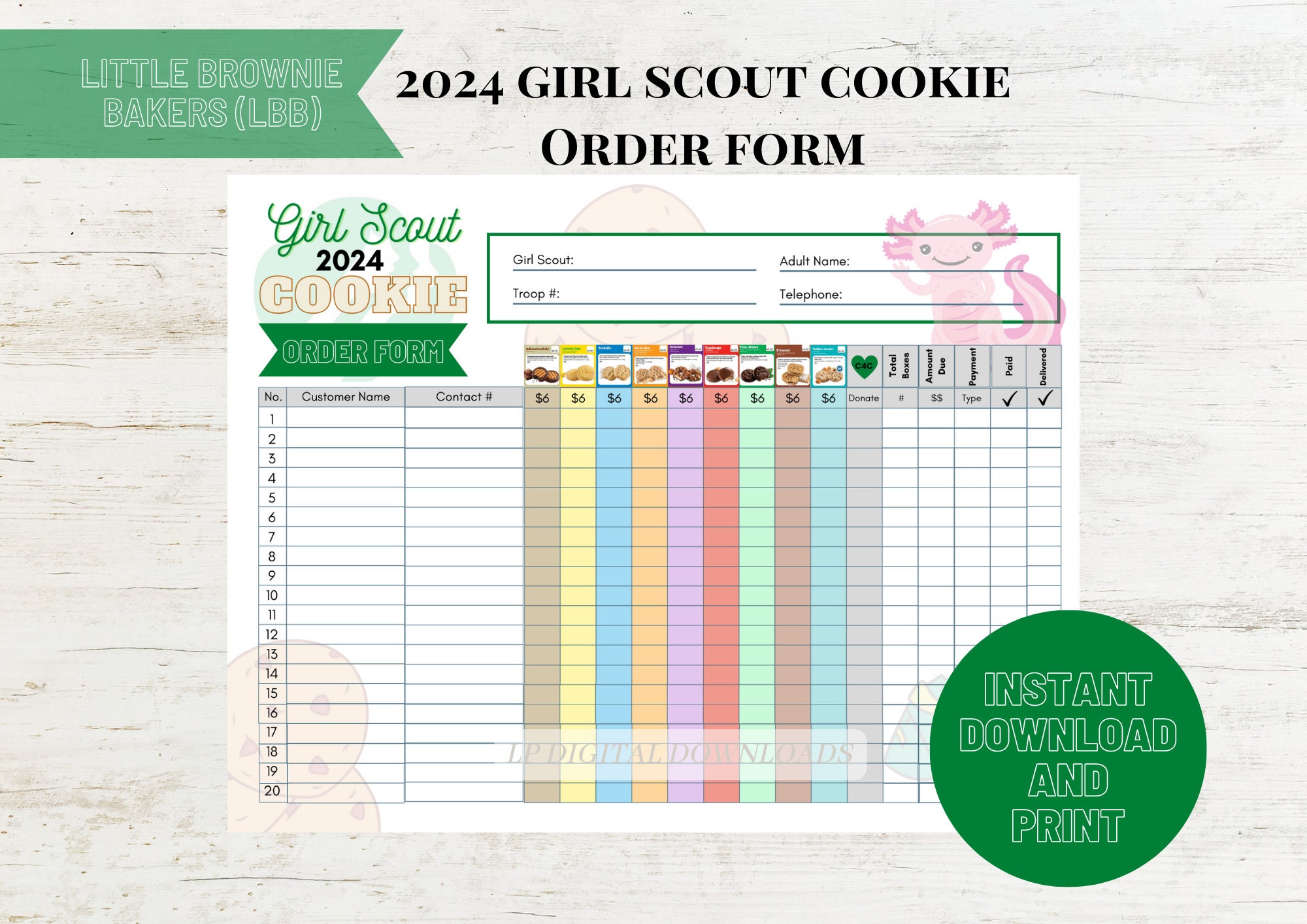 2024 Girl Scout Cookie Order Form Template Little Brownie Bakers LBB Girl Scout Cookie Troop