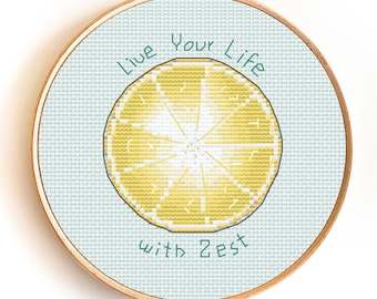 Lemon counted cross stitch, embroidery hoop, beginner to intermediate cross stitch, citrus theme, digital download pattern