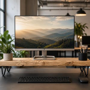 May include: A computer monitor showing a mountain scene rests on a wooden desk riser with black metal hairpin legs. A small potted plant and a black pen holder are on the desk. A keyboard and mouse are in front.