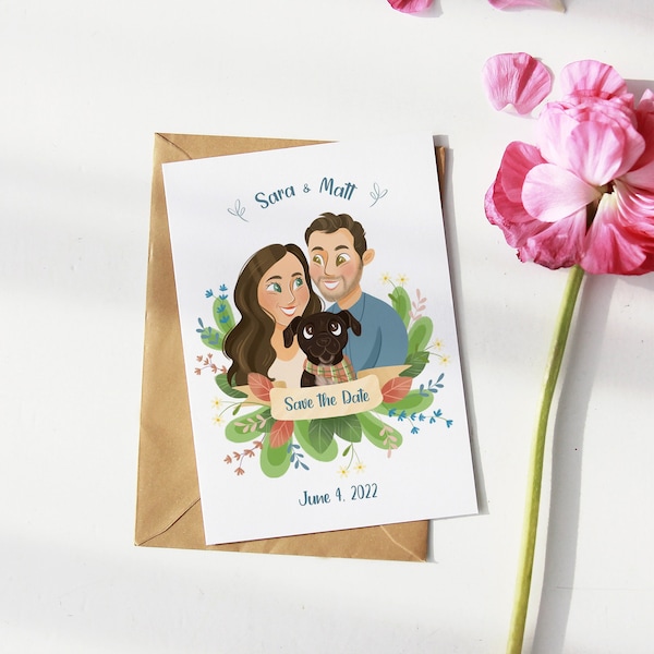 Custom Save the Date Card, Illustrated custom couple portrait, Personalized Wedding invitation in cute cartoon style, Engagement art gift