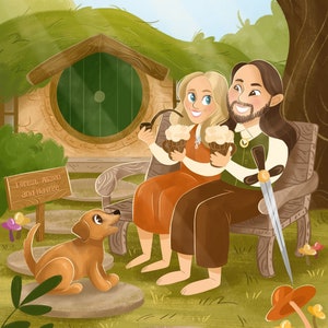 LOTR custom couple illustration, Lord of Rings portrait, Hobbit door drawing, Fantasy illustration in cartoon style, Personalized artwork