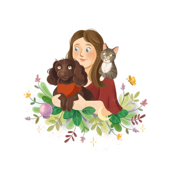 Ritratto personalizzato di animale domestico e proprietario in stile cartone animato, Illustrazione carina con animali domestici, Regalo artistico per mamma cane, Disegno di persona e gatto da foto