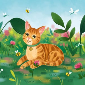 背景付きのカスタムペイントされたペットのイラスト、動物のデジタルポートレート、写真からのペットの描画、かわいいカラフルな漫画スタイル、猫のアート