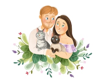 Personalized custom couple portrait, Illustrated in cute cartoon style, With pets, Anniversary engagement gift, Digital drawing from photo