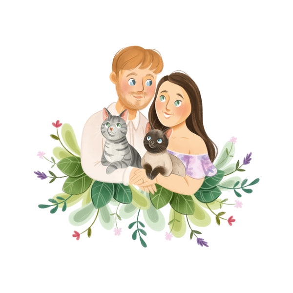 Personalized custom couple portrait, Illustrated in cute cartoon style, With pets, Anniversary engagement gift, Digital drawing from photo