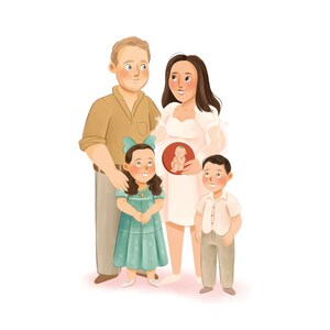 Retrato ilustrado de cuerpo entero, Foto familiar personalizada, Dibujo de pareja en estilo caricatura, Ilustración con niños, Retrato casero personalizado