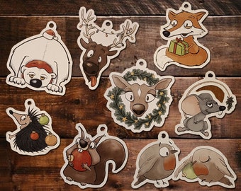 Decorazioni natalizie da stampare con illustrazioni originali di animali buffi