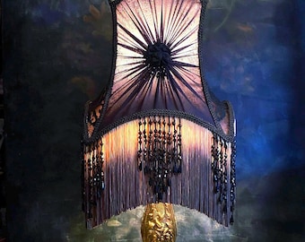 Handmade Purple Black Lampshade with Beaded Fringe – Victorian Art Deco Lamp Shade