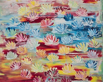 Dipinto originale ad olio di loto 30 x 30 cm - Mandala moderno - "Fioritura radiale" - Non una stampa - Arte floreale geometrica e materica