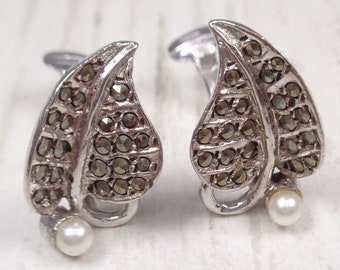 Vintage Signed D.H.Phillips of London Solid Silver, Marcasite and Faux Pearl Clip-On Earrings - Elegant and Understated