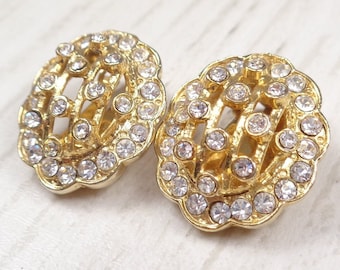 Vintage Gold-Tone Clip-On Earrings with Openwork Design and Clear Rhinestones