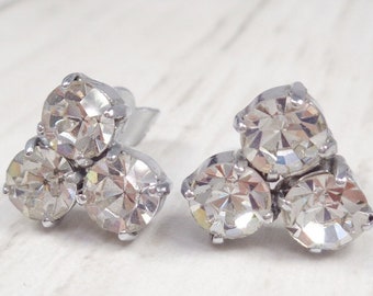 Pretty 1960s Vintage Silver Tone Clip-On Earrings with Sparkling Rhinestones