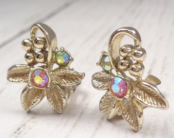 Vintage 1950s/1960s Clip-On Earrings - Aurora Borealis Gold Tone