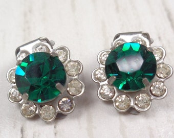 Vintage 1960s Clip-On Earrings with Vibrant Green Crystal and Rhinestone Accents