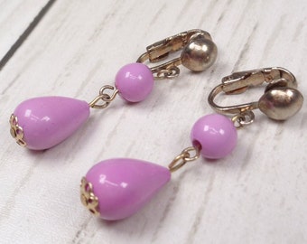 Classic 1960s Vintage Clip-On Silver-Tone Purple Bead Drop Earrings