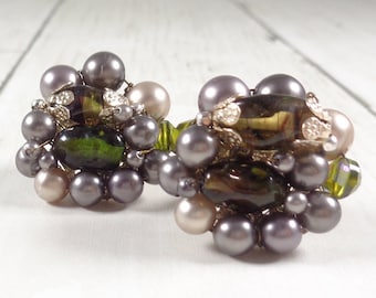 Vintage Olive Green Bead and Faux Pearl Clip On Earrings