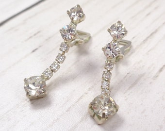 Glamorous 1960s Vintage Silver Tone Sparkling Clear Rhinestone Clip-On Earrings