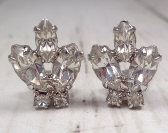 1960s Vintage Silver Tone Clip-On Earrings with Clear Rhinestones - Bride, Party, Special Occasions