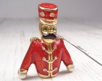 Quality Vintage Gold-Plated Nutcracker Brooch by Designer Keyes - Enamel, Faux Pearl and Crystal