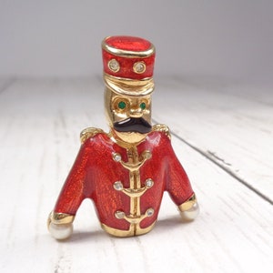 Quality Vintage Gold-Plated Nutcracker Brooch by Designer Keyes Enamel, Faux Pearl and Crystal image 1