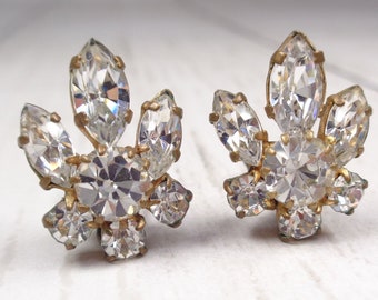 1950s Vintage Silver Clip-On Earrings with Clear Rhinestones - Timeless Elegance for Brides and Special Occasions