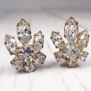 1950s Vintage Silver Clip-On Earrings with Clear Rhinestones Timeless Elegance for Brides and Special Occasions image 1