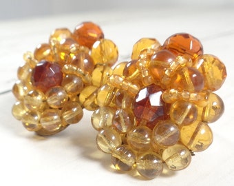 Vintage 1950s/60s Golden Glass Bead Clip On Earrings