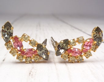 Elegant 1960s Vintage Gold Tone Clip-On Earrings with Pink, Grey and Clear Crystals