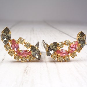 Elegant 1960s Vintage Gold Tone Clip-On Earrings with Pink, Grey and Clear Crystals image 1