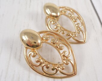 Big Vintage 80s Gold Tone Metal Open Work Statement  Clip-On Earrings