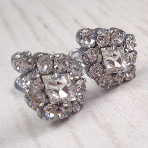 Small 1950s Vintage Silver Tone Clip-On Earrings with Clear Sparkling Rhinestones image 2