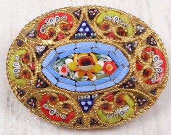 Vintage Millefiori Brooch from Italy - 1950s -  Colourful Micro-Mosaic Oval Brooch - Unique Handcrafted Jewelry