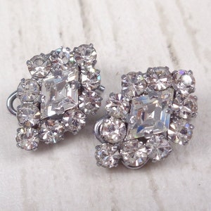 Small 1950s Vintage Silver Tone Clip-On Earrings with Clear Sparkling Rhinestones image 1