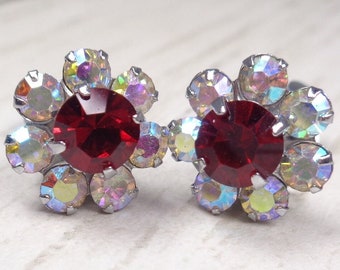 Vintage 1960s Sparkly Aurora Borealis & Ruby-Red Crystal Silver Tone Clip-On Earrings
