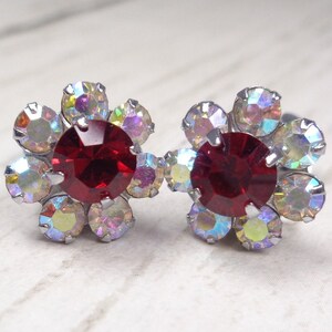 Vintage 1960s Sparkly Aurora Borealis & Ruby-Red Crystal Silver Tone Clip-On Earrings image 1