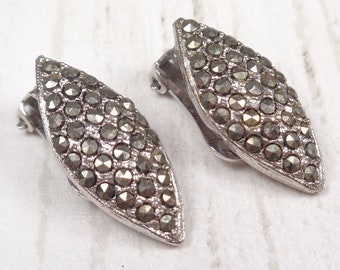 Vintage Silver Tone 1950s-60s Marcasite Clip-On Diamond Shaped Earrings
