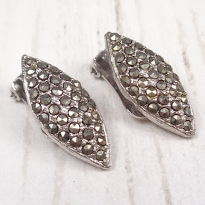 Vintage Silver Tone 1950s-60s Marcasite Clip-On Diamond Shaped Earrings image 1