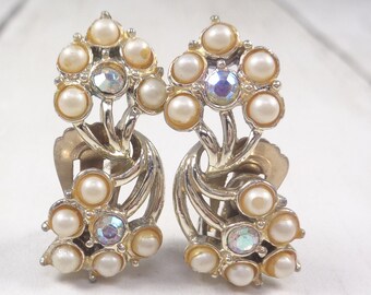 Vintage 1960s Jewelcraft Gold Tone Faux Pearl and Aurora Borealis Clip On Earrings