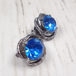Vintage Silver-tone 1960s Clip-On Earrings with Royal Blue Crystals. Quality Earrings. image 1