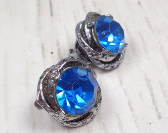 Vintage Silver-tone 1960s Clip-On Earrings with Royal Blue Crystals. Quality Earrings.