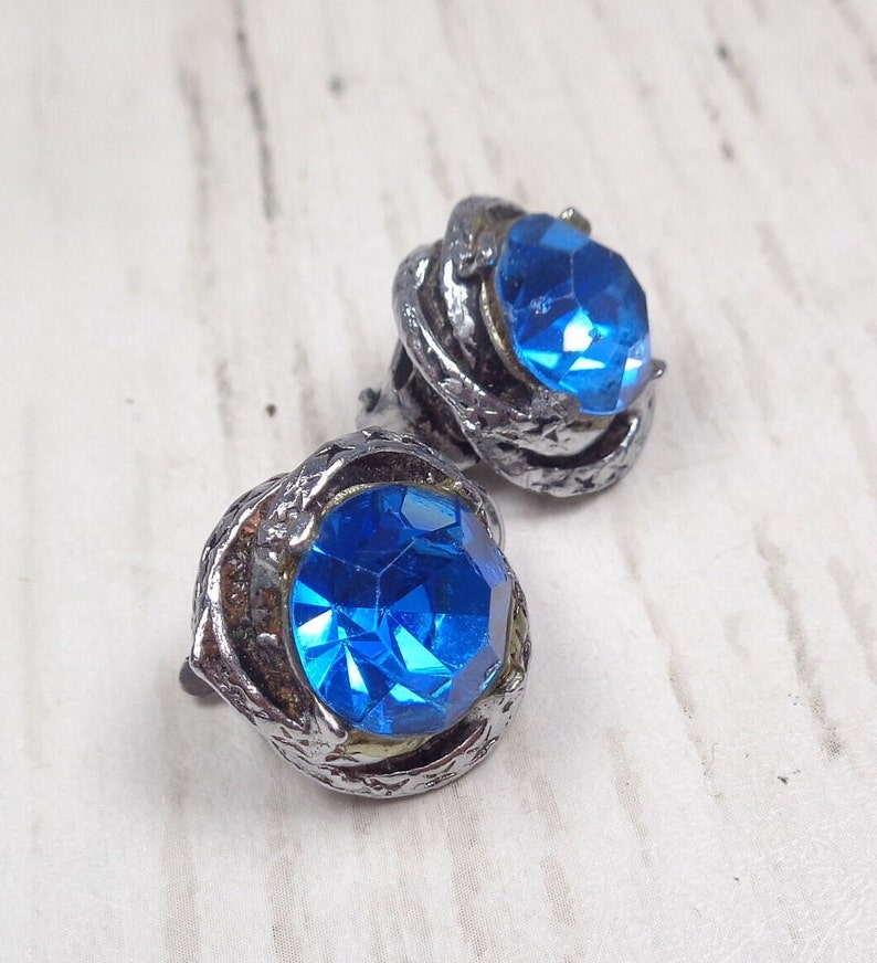 Vintage Silver-tone 1960s Clip-On Earrings with Royal Blue Crystals. Quality Earrings. image 1