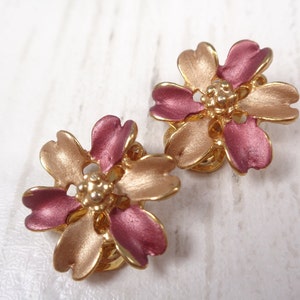 Vintage Bronze and Gold Enamel Floral Clip On Earrings image 2