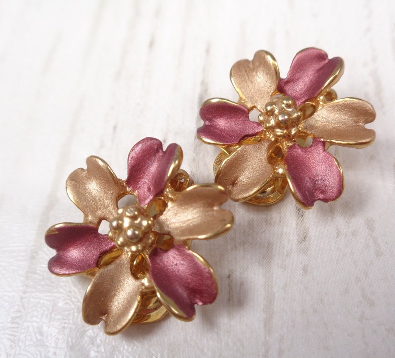 Vintage Bronze and Gold Enamel Floral Clip On Earrings image 2