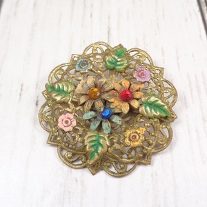 Czech Floral Filigree Circle Brooch 1920s Vintage with Enamel-Painted Flowers and Coloured Glass Beads. image 7