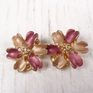 Vintage Bronze and Gold Enamel Floral Clip On Earrings image 1