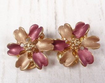 Vintage Bronze and Gold Enamel Floral Clip On Earrings