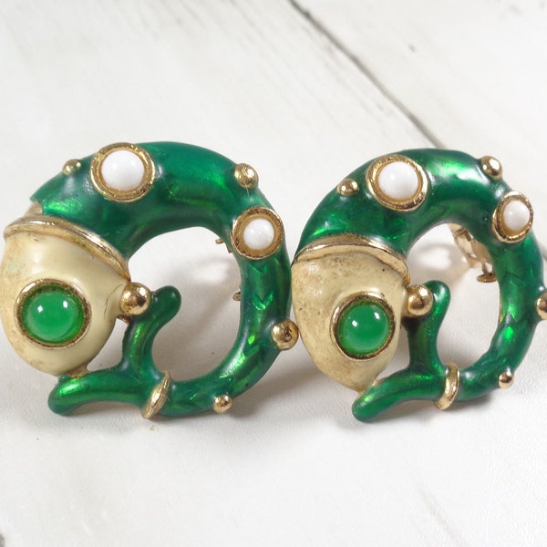 Boucles D'oreilles Vintage Lanvin - Clip Plaqué Or émaillé - Occasion - Style Rétro