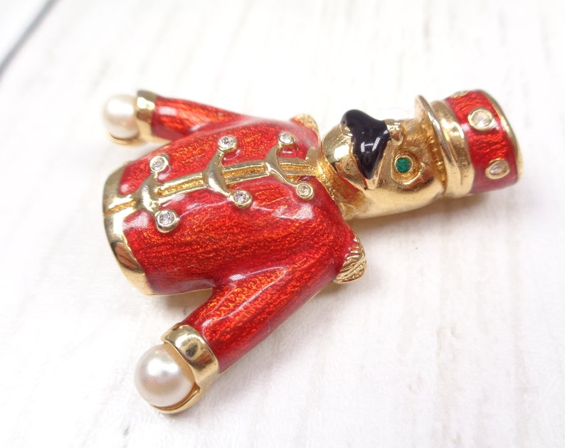 Quality Vintage Gold-Plated Nutcracker Brooch by Designer Keyes Enamel, Faux Pearl and Crystal image 9