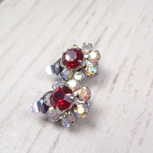 Vintage 1960s Sparkly Aurora Borealis & Ruby-Red Crystal Silver Tone Clip-On Earrings image 4